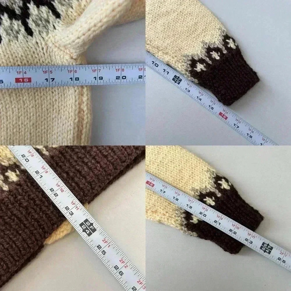 Hand Knit Cardigan Button Up Sweater Fair Isle Yellow and Brown  Size Small - Picture 9 of 13